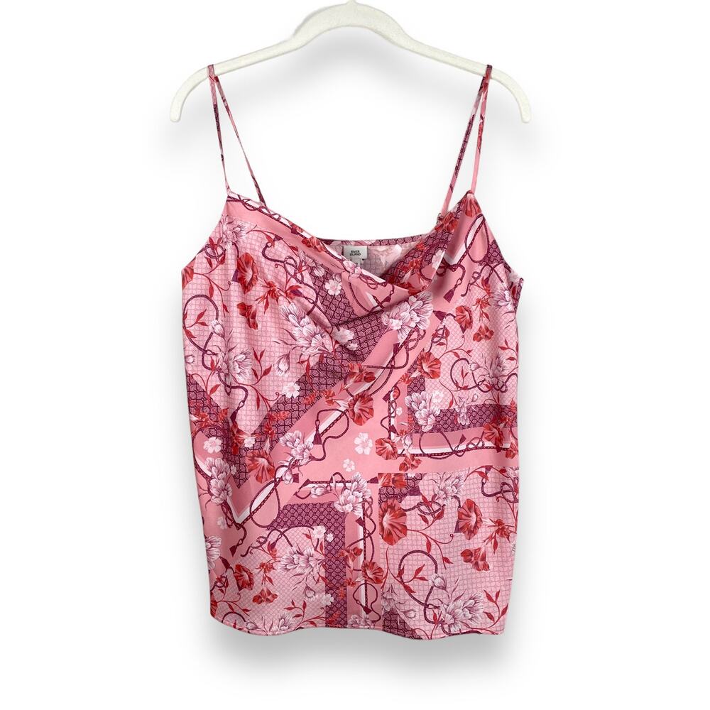 River Island Floral Silky Satin Top Size 10 Pink Draped Cami Sleeveless Elegant